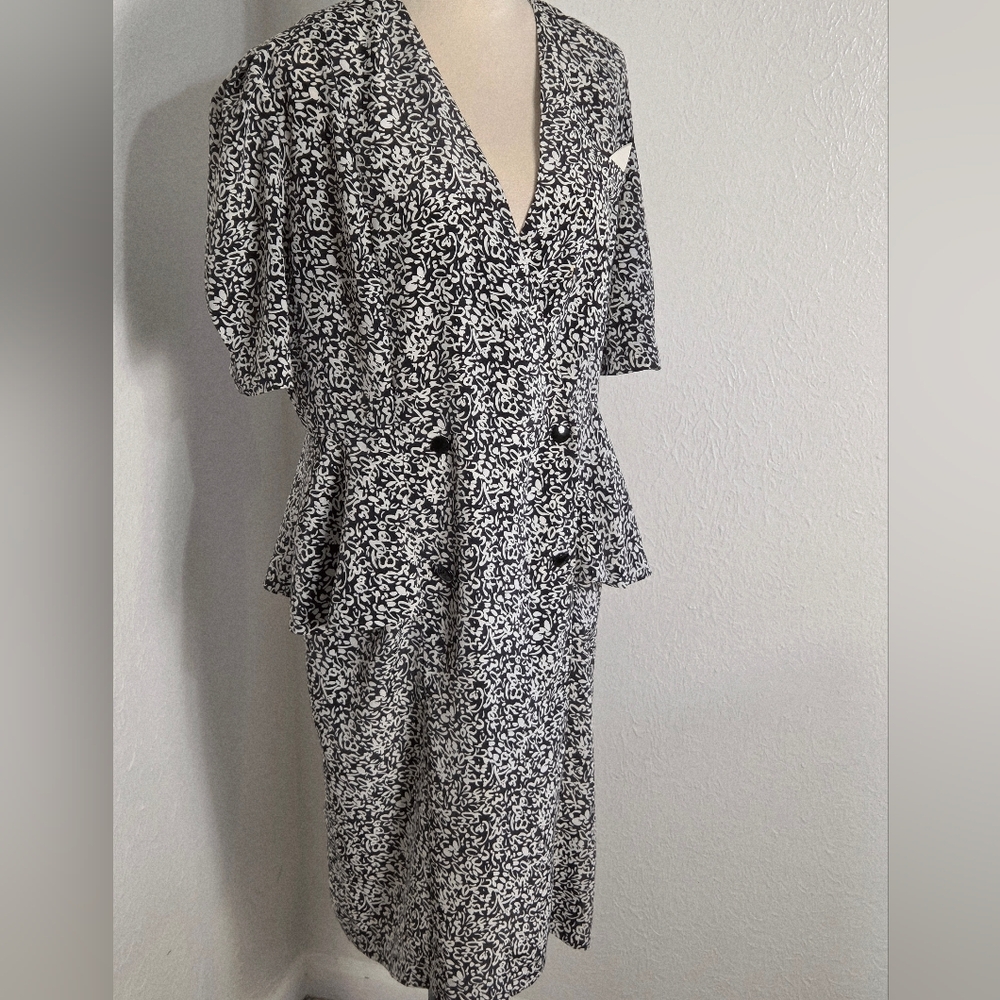 Liz Roberts Vintage Black & White Floral Double-Breasted Peplum Dress, Size 16
